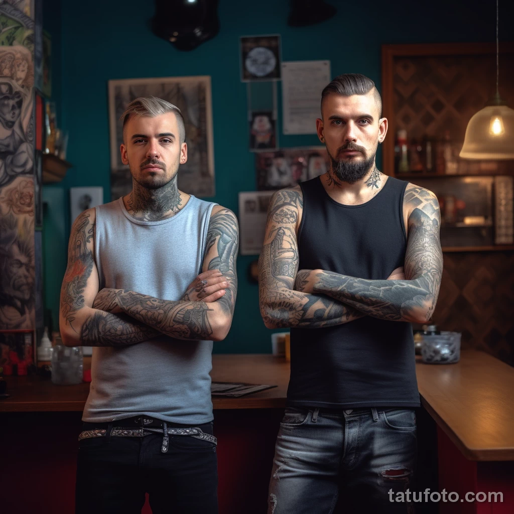 два мужчины тату мастера с татуировками на теле в помещении тату салона, один хороший а второй плохой 2