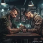 два мужчины тату мастера с татуировками на теле в помещении тату салона, один хороший а второй плохой 3