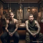 два мужчины тату мастера с татуировками на теле в помещении тату салона, один хороший а второй плохой 4