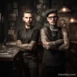 два мужчины тату мастера с татуировками на теле в помещении тату салона, один хороший а второй плохой 5