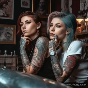две девушки тату мастера с татуировками на теле в помещении тату салона, одна хорошая вторая плохая - tatufoto.com 4