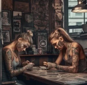 две девушки тату мастера с татуировками на теле в помещении тату салона, одна хорошая вторая плохая - tatufoto.com 5