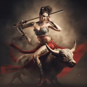 Фото тату: девушка-воин с мечом верхом на сером быке, окруженная красными лентами и искрами.