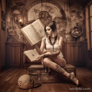 Фотография девушки с татуировками, читающей книгу в старинной комнате. Девушка одета в белый топ и белые брюки.