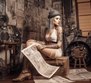 Фотография девушки с татуировками на руках и ногах, сидящей с газетой в винтажной обстановке. Девушка одета в серый топ и шорты.
