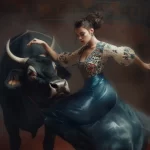 девушка с телом в татуировках сражается в роли матадора с быком на корриде tatufoto.com 2