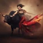 девушка с телом в татуировках сражается в роли матадора с быком на корриде tatufoto.com 3