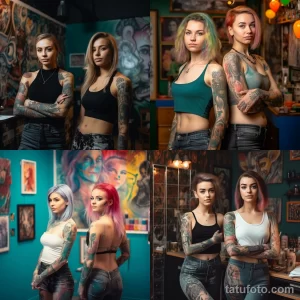 Коллаж из нескольких фотографий девушек с татуировками на руках, позирующих в тату-салоне.