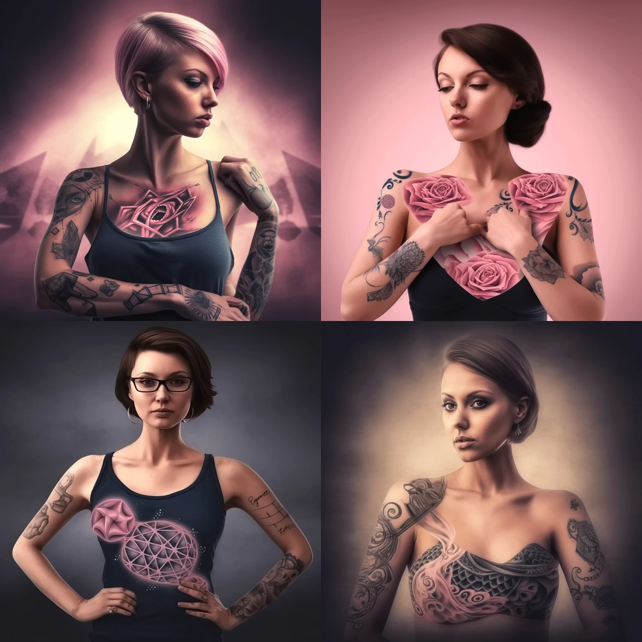 красивая девушка в полный рост с татуировками на груди на фоне символа по борьбе с раком груди 1