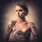 красивая девушка в полный рост с татуировками на груди на фоне символа по борьбе с раком груди 2