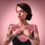 красивая девушка в полный рост с татуировками на груди на фоне символа по борьбе с раком груди 4