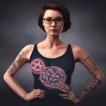 красивая девушка в полный рост с татуировками на груди на фоне символа по борьбе с раком груди 5