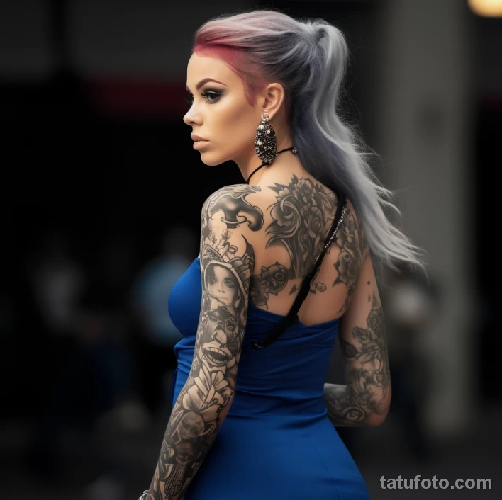 красивая девушка с реалистичными тату в голубом платье 3 - 24,10,2023 tatufoto.com 13