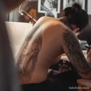Фото тату процесса нанесения сложной татуировки на спину мужчины опытным мастером тату в тату-студии.