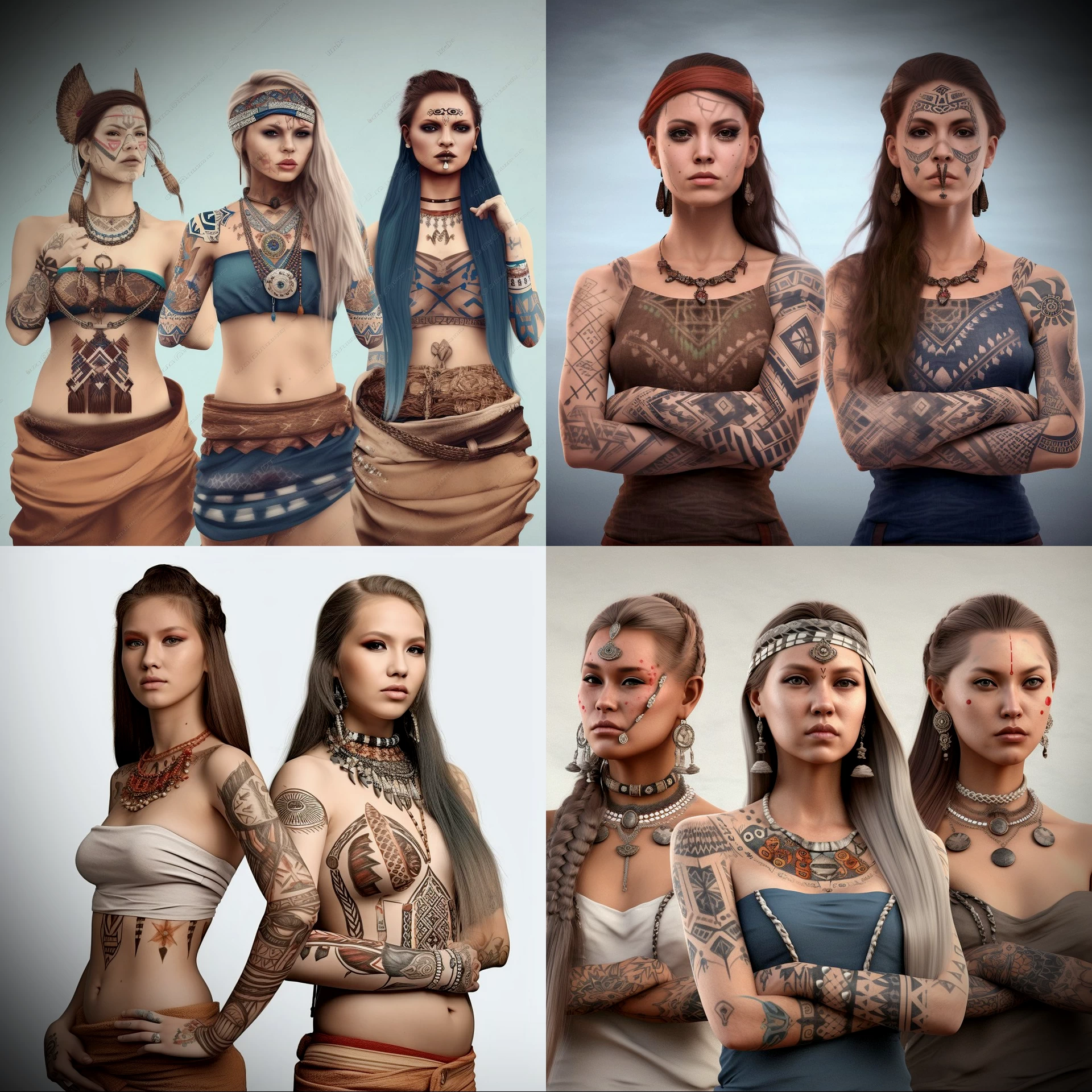 красивые девушки с татуировками на теле в национальных одеждах разных древних племен, фотореалистично - tatufoto - на сайте tatufoto.com 05