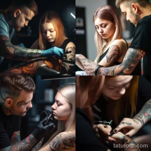 Коллаж из нескольких фотографий, демонстрирующих процесс нанесения татуировки на руку девушки. Видны мастер, тату-машинка и рука клиента.