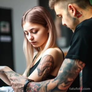 Фотография процесса нанесения татуировки на руку девушки. Мастер в черной футболке работает тату-машинкой, девушка смотрит в сторону.