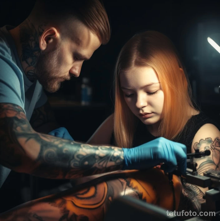 матер татуировщик с телом в татуировках наносит новую татуировку на тело девушки подростка тело которой в татуировках tatufoto.com 3