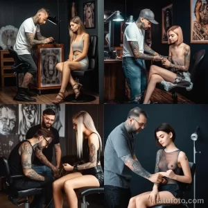 Фотоколлаж, демонстрирующий процесс создания татуировки: мастер работает, клиент сидит, эскизы и интерьер тату-студии.
