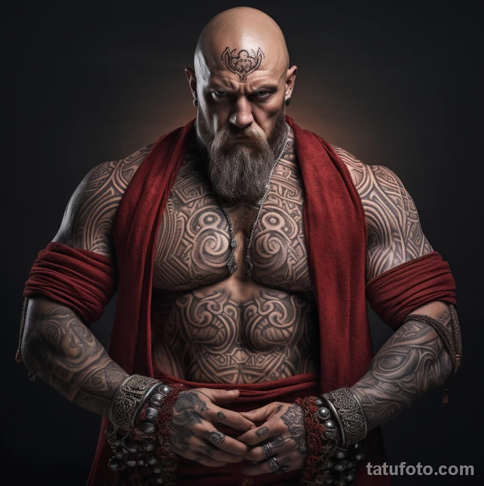 сильный мужчина в костюме монаха с реалистичными татуировками на теле 10 - 27,10,2023 tatufoto.com 30