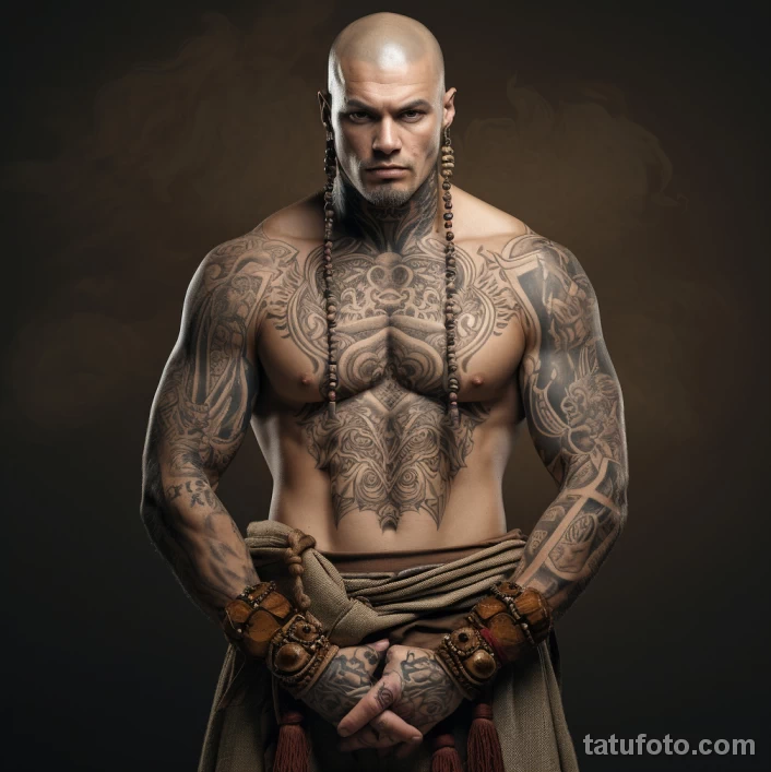 сильный мужчина в костюме монаха с реалистичными татуировками на теле 5 - 27,10,2023 tatufoto.com 25