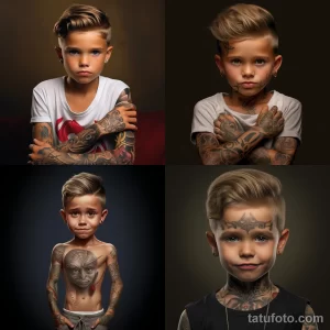 Коллаж из четырех фотографий мальчика с реалистичными татуировками на лице, шее и руках. Изображение демонстрирует сложные рисунки и детализацию.
