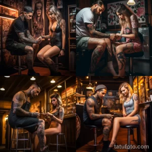 Фото тату: Коллаж из четырех фотографий, показывающих процесс татуировки в студии. Видны мастера, клиентки и детализированные татуировки.