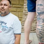 Фото тату на ноге, изображающее портрет Иосифа Сталина. Детализированный рисунок татуировки с использованием черно-белой гаммы и реалистичной проработкой деталей.