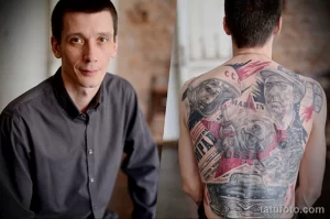 Фото тату на спине, изображающее советскую символику и исторические образы. Детализированный рисунок татуировки с использованием черно-белой гаммы и реалистичной проработкой деталей.