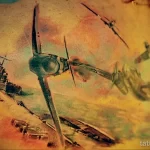 Фото татуировки на груди, изображающей самолет времен Второй мировой войны, летящий над полем боя с разрушенной техникой.