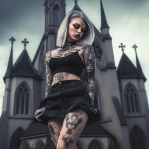 Фотография девушки с множеством татуировок в готическом стиле. Рисунок татуировки покрывает руки, ноги и корпус модели.