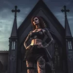 темная колдунья в короткой юбке с татуировками на теле на фоне церкви и креста, фотореалистично - tatufoto.com 15.10.2023 4