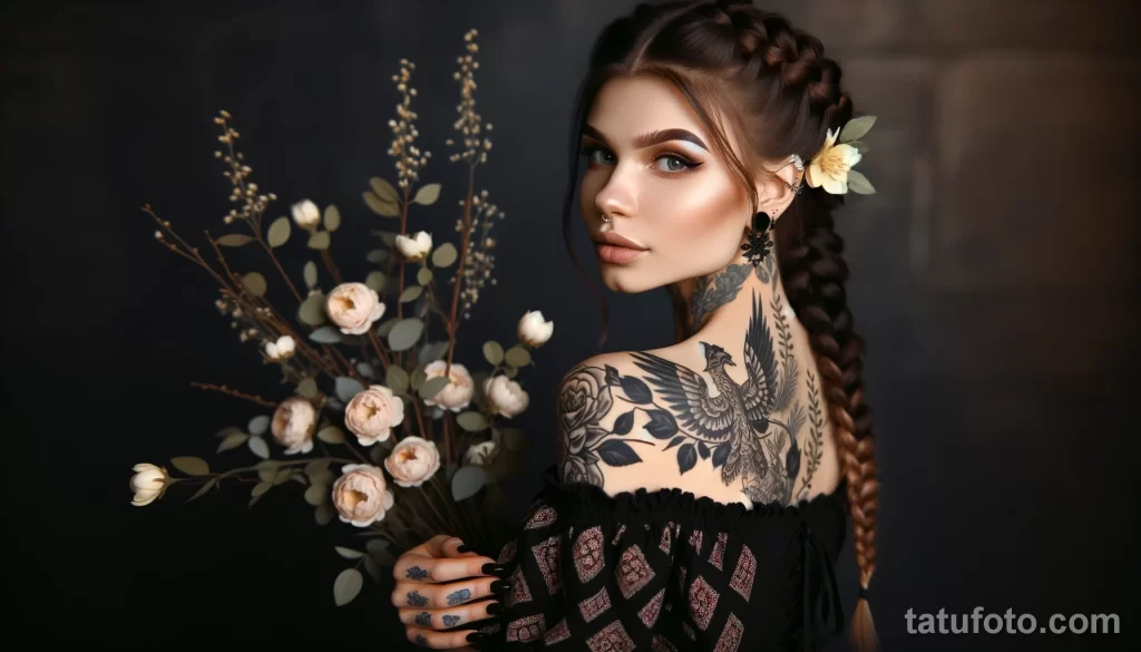 1 A Slavic girl with elegant tattoos on her arms and back posing in a studio setting - 08112023 tatufoto.com 01
