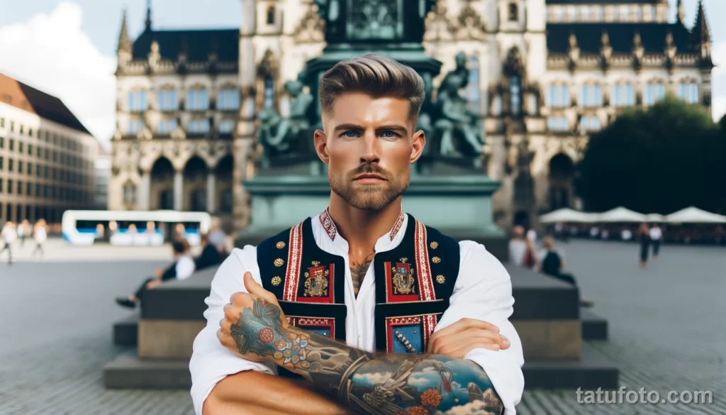 1 A strong German man in full body view, with cool tattoos on his body, posing in a city square and showing off his tattoo designs, dressed in elements - 08112023 tatufoto.com 02