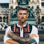 1 A strong German man in full body view, with cool tattoos on his body, posing in a city square and showing off his tattoo designs, dressed in elements - 08112023 tatufoto.com 02
