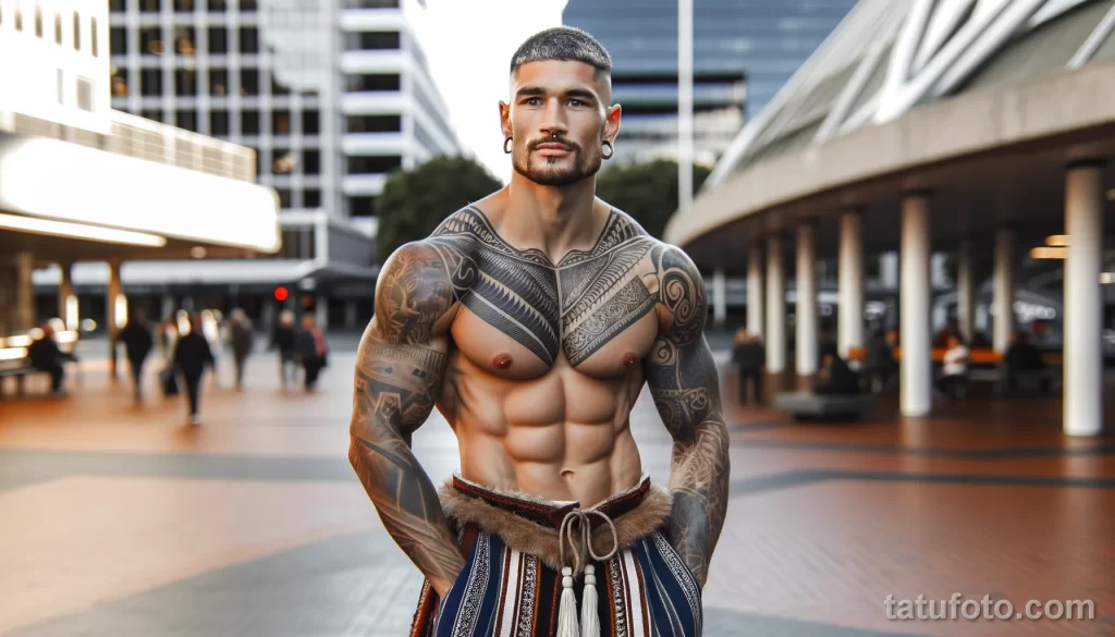 1 A strong New Zealander man in full body view, with cool tattoos on his body, posing in a city square and showing off his tattoo designs, dressed in el - 08112023 tatufoto.com 03