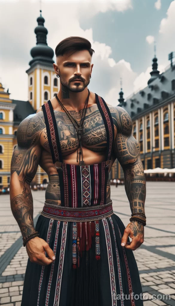 1 A strong Slavic man in full body view, with cool tattoos on his body, posing in a city square and showing off his tattoo designs, dressed in elements - 08112023 tatufoto.com 04