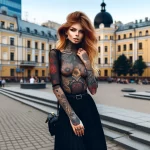 Фото тату на теле девушки с рыжими волосами, демонстрирующей татуировки на шее, груди и руках, на фоне городской архитектуры.