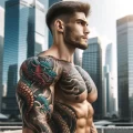 2 A muscular young man with a large dragon tattoo covering his torso and shoulder, stands against the backdrop of city skyscrapers, emphasizing his stre - 07112023 tatufoto.com 14