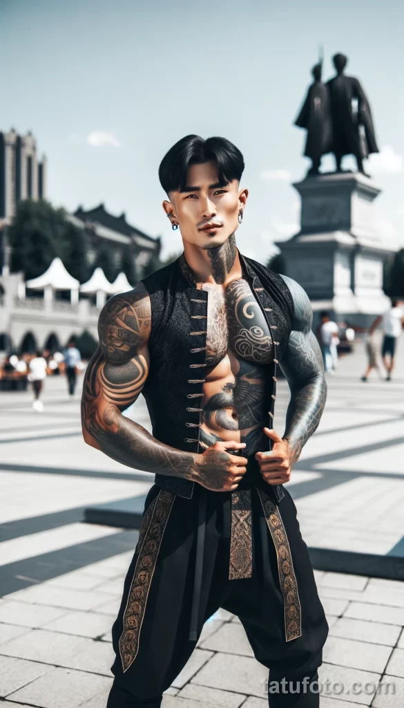2 A strong Asian man in full body view, with cool tattoos on his body, posing in a city square and showing off his tattoo designs, dressed in elements o - 08112023 tatufoto.com 06
