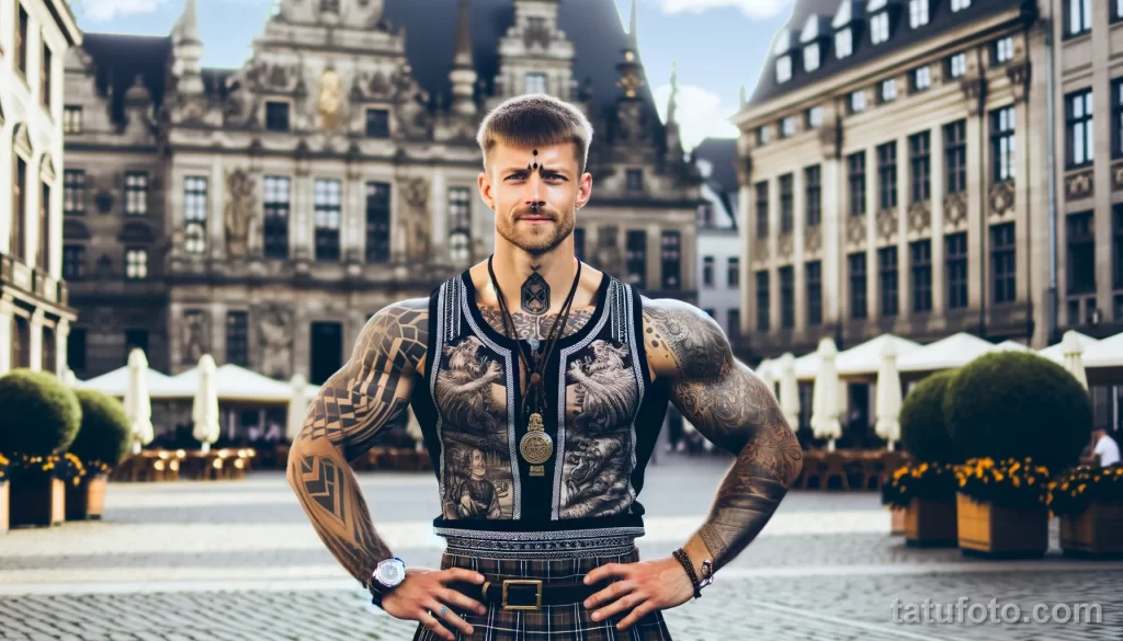 2 A strong German man in full body view, with cool tattoos on his body, posing in a city square and showing off his tattoo designs, dressed in elements - 08112023 tatufoto.com 07