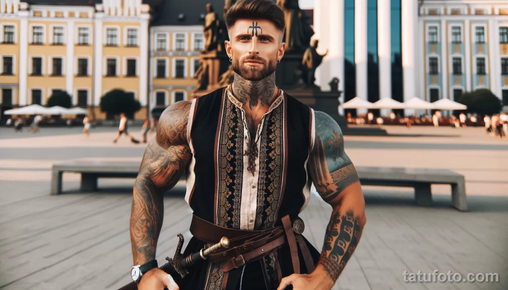 2 A strong Slavic man in full body view, with cool tattoos on his body, posing in a city square and showing off his tattoo designs, dressed in elements - 08112023 tatufoto.com 08