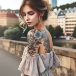 Фото тату на плече девушки с цветами. Рисунок татуировки включает пионы и голубые цветы.