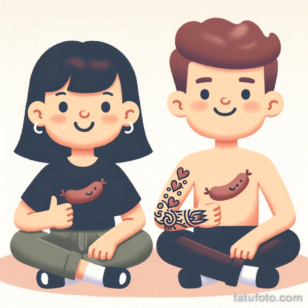 20.52.40 - A girl and a boy sitting together, smiling, and showing their sausage tattoos. The girl has a tattoo on her wrist and the boy has one on his chest tatufoto.com