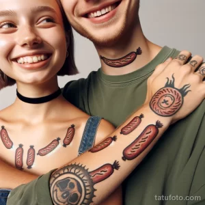 Фотография пары с татуировками в виде сосисок на теле, демонстрирующих радость и юмор.