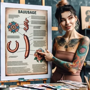 Фотография девушки с татуировками на руках, держащей плакат с изображением сосиски и анатомическими деталями.