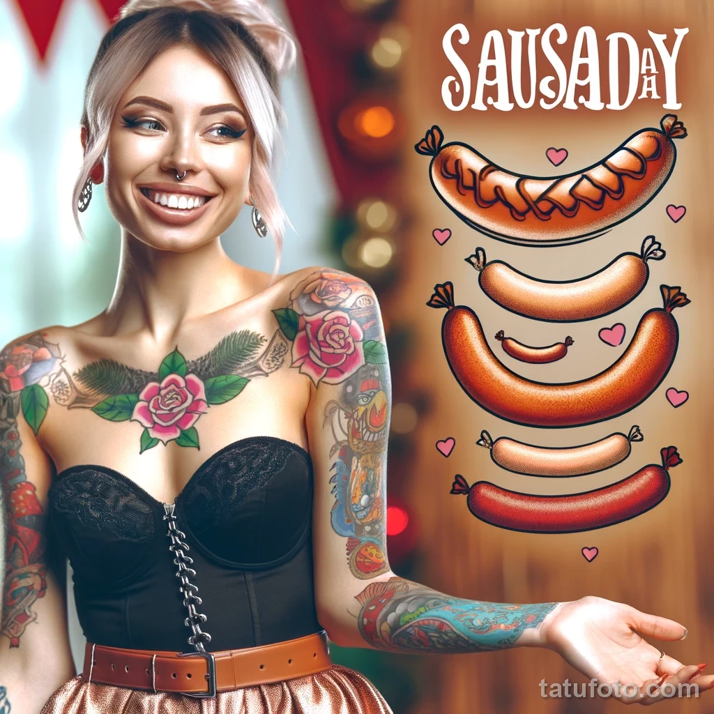 20.53.15 - A beautiful woman with a short skirt, showcasing a variety of tattoos on her body, among which is a prominently visible tattoo of a sausage tatufoto.com