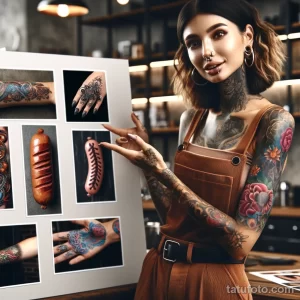 Фото тату на теле девушки, держащей эскизы сосисок. Детализированные татуировки и необычный сюжет привлекают внимание.