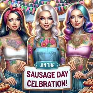 Фото трех девушек с татуировками, держащих плакат с надписью "Join the Sausage Day Celebration!". Яркие цвета и праздничная атмосфера привлекают внимание.