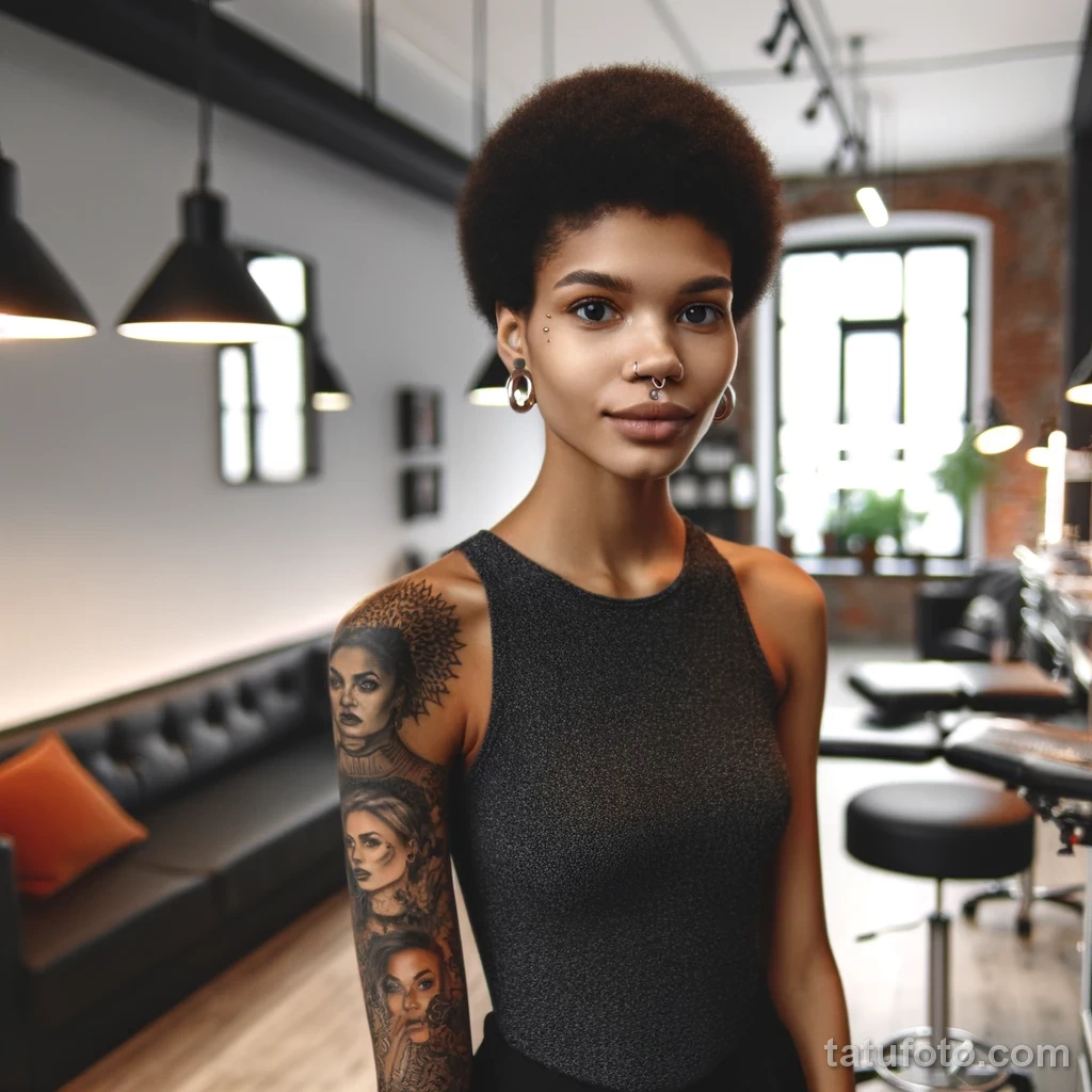 2023-11-03 07.34.35 - Photo of a young Afro-Caribbean woman with a short afro haircut standing in a spacious and modern tattoo studio - tatufoto.com 04